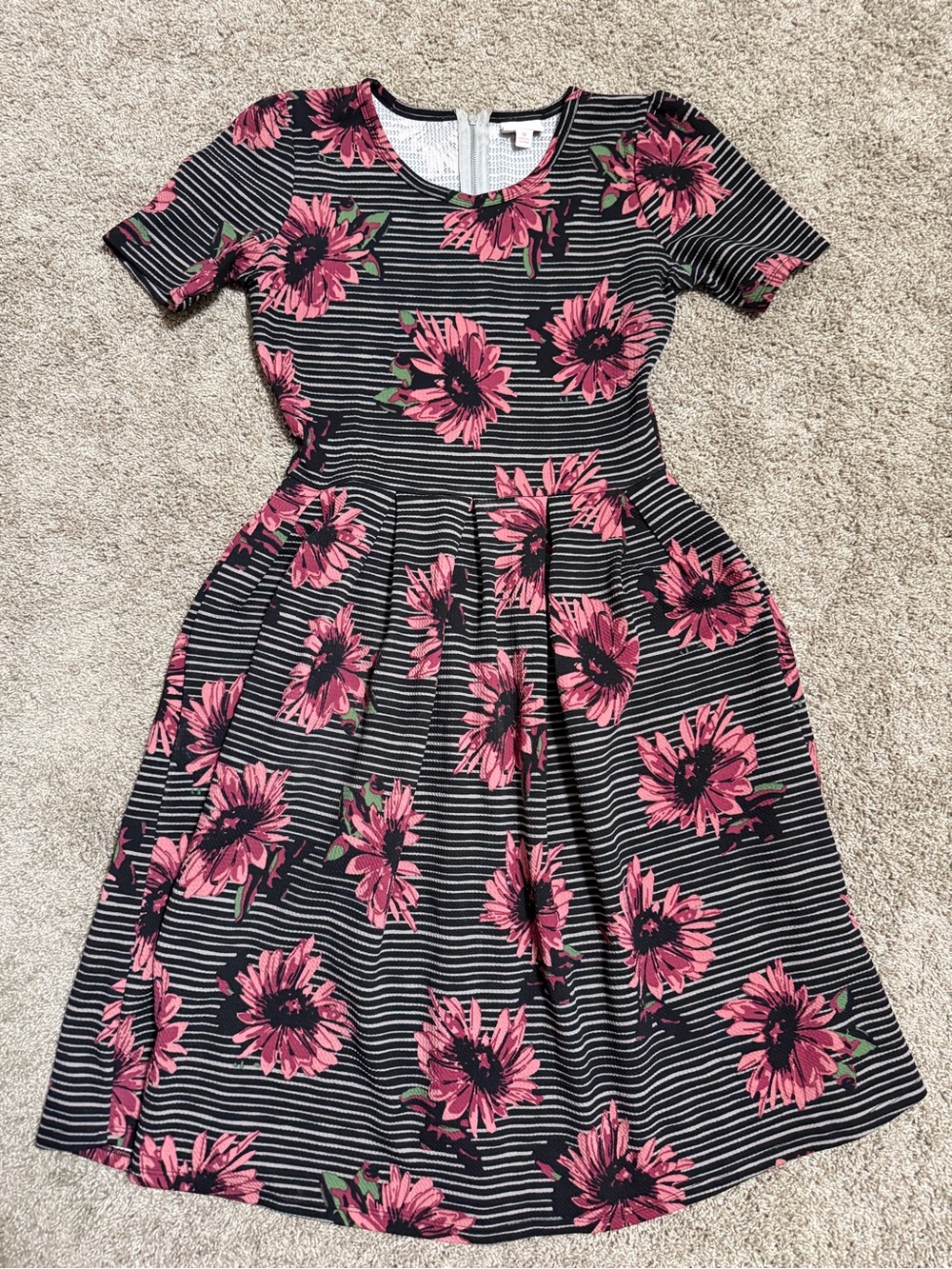 LuLaRoe Black Striped Midi Dress with Pink Floral Print